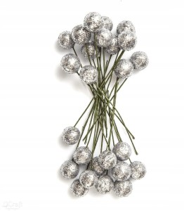 OWOCE OSTROKRZEWU 1,2 CM SREBRNE BROKAT 24 SZT.