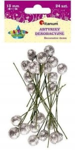 OWOCE OSTROKRZEWU 1,3 CM SREBRNE BROKAT 24 SZT.