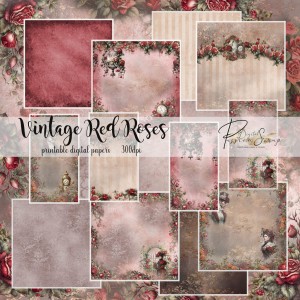 VINTAGE RED ROSES ZESTAW DIGITAL PAPERS&STAMPS