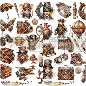 STEAMPUNK GRAPHICS PRINTABLE DIGITAL A4 ZESTAW